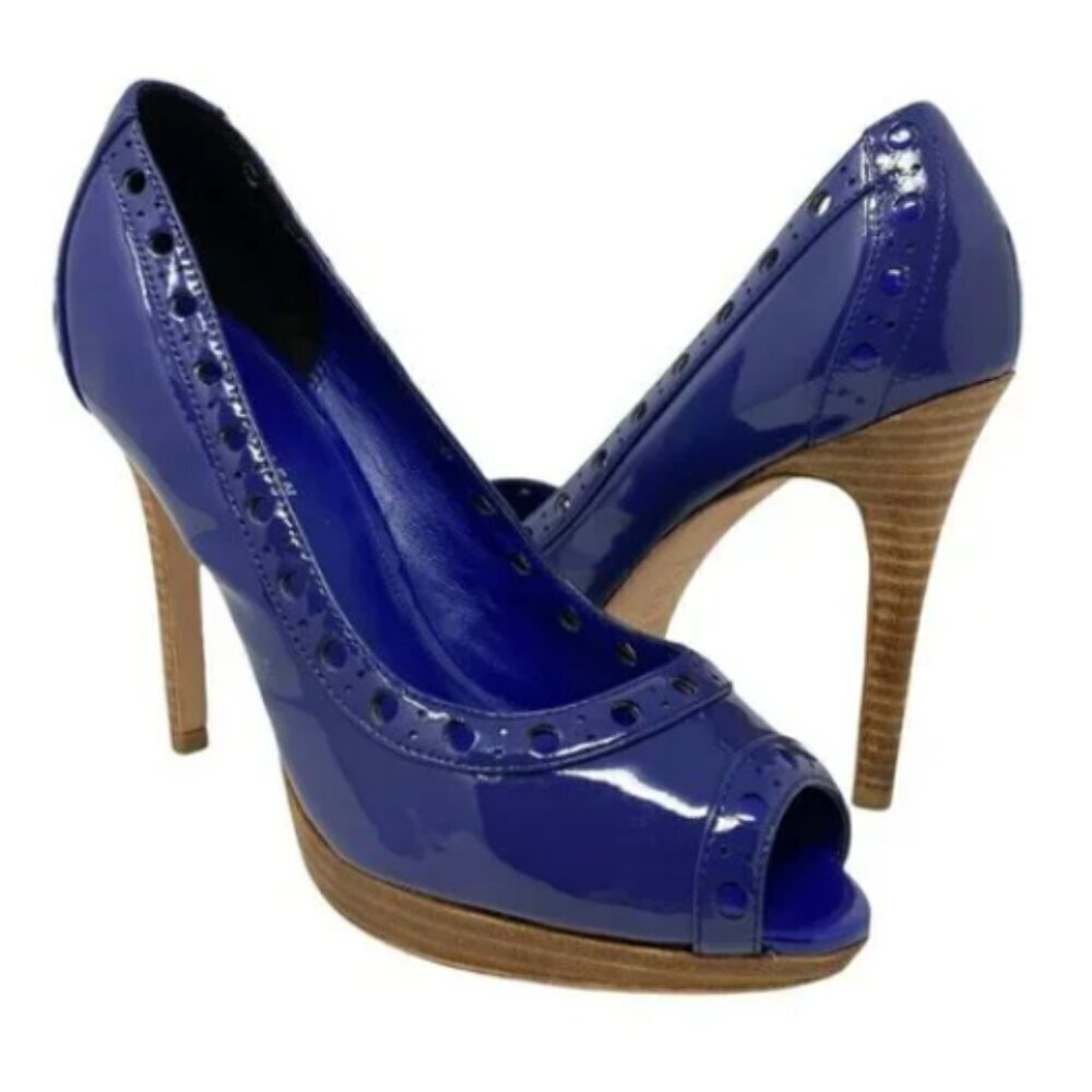 Karen Millen Electric Blue Patent Calf Leather Peep Toe Pumps - Size 8.5